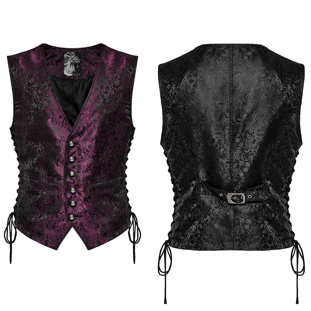 Gothic men's Jacquard waistcoat in purple and black with floral pattern and adjustable eyelet drawstring.