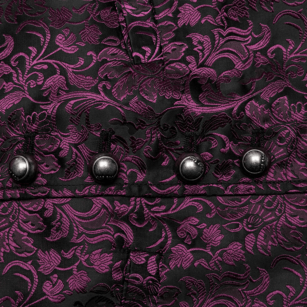 Close-up of Gothic men's jacquard waistcoat with purple floral patterns and decorative buttons.