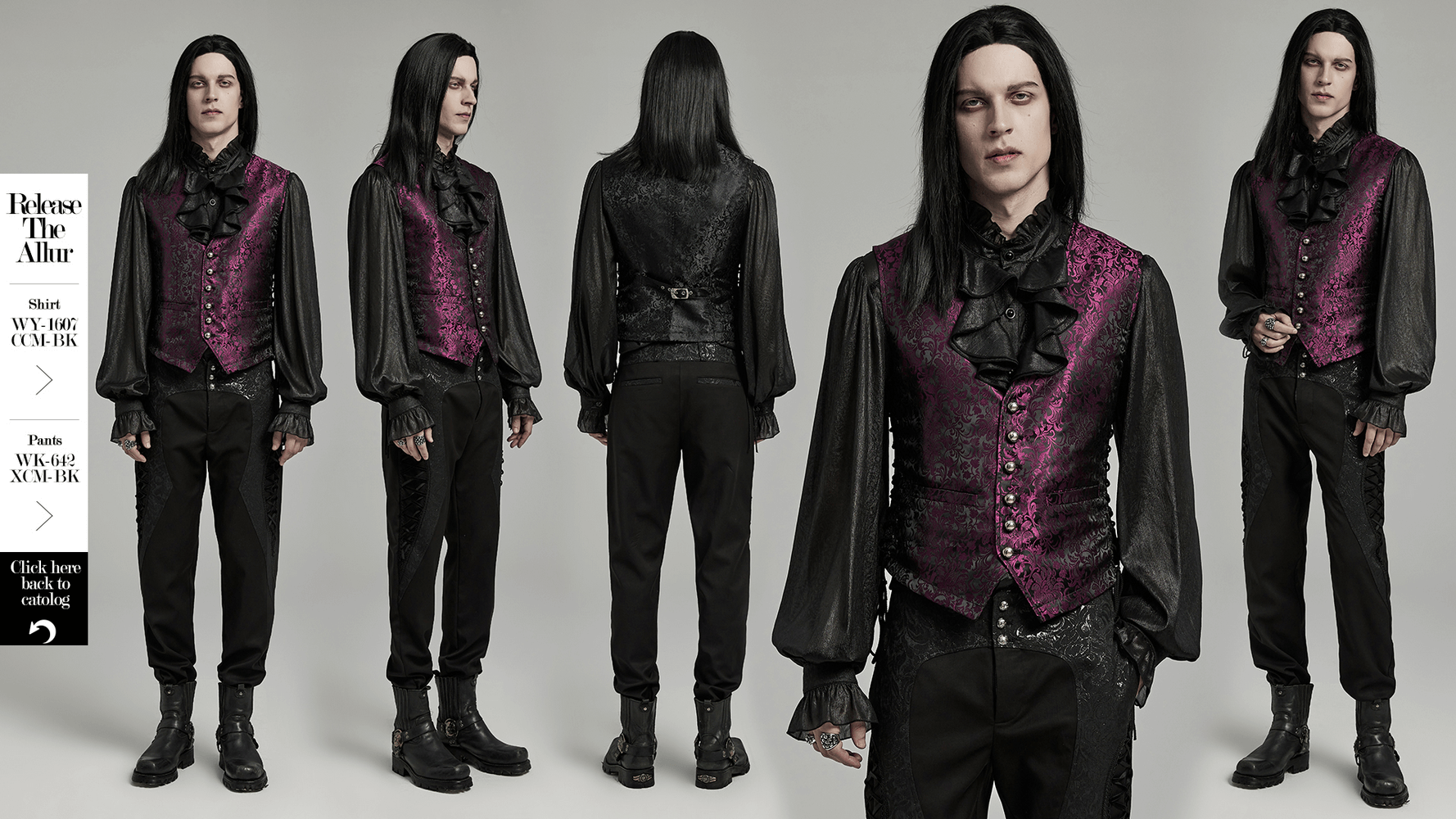 Gothic men's jacquard waistcoat in purple with floral pattern, stylish Victorian design for a regal look.