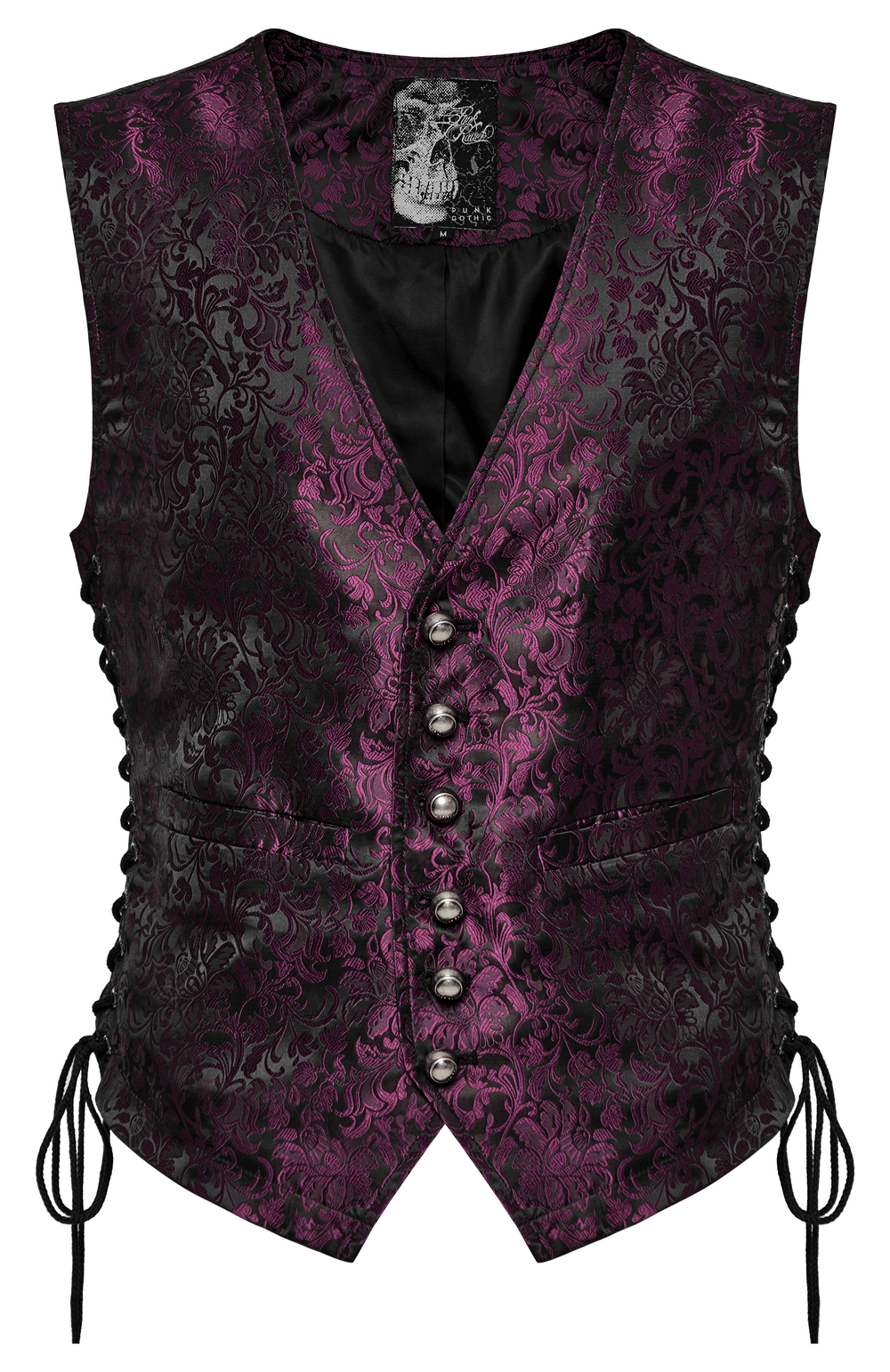 Gothic men's jacquard waistcoat in purple with floral pattern and eyelet drawstring design.