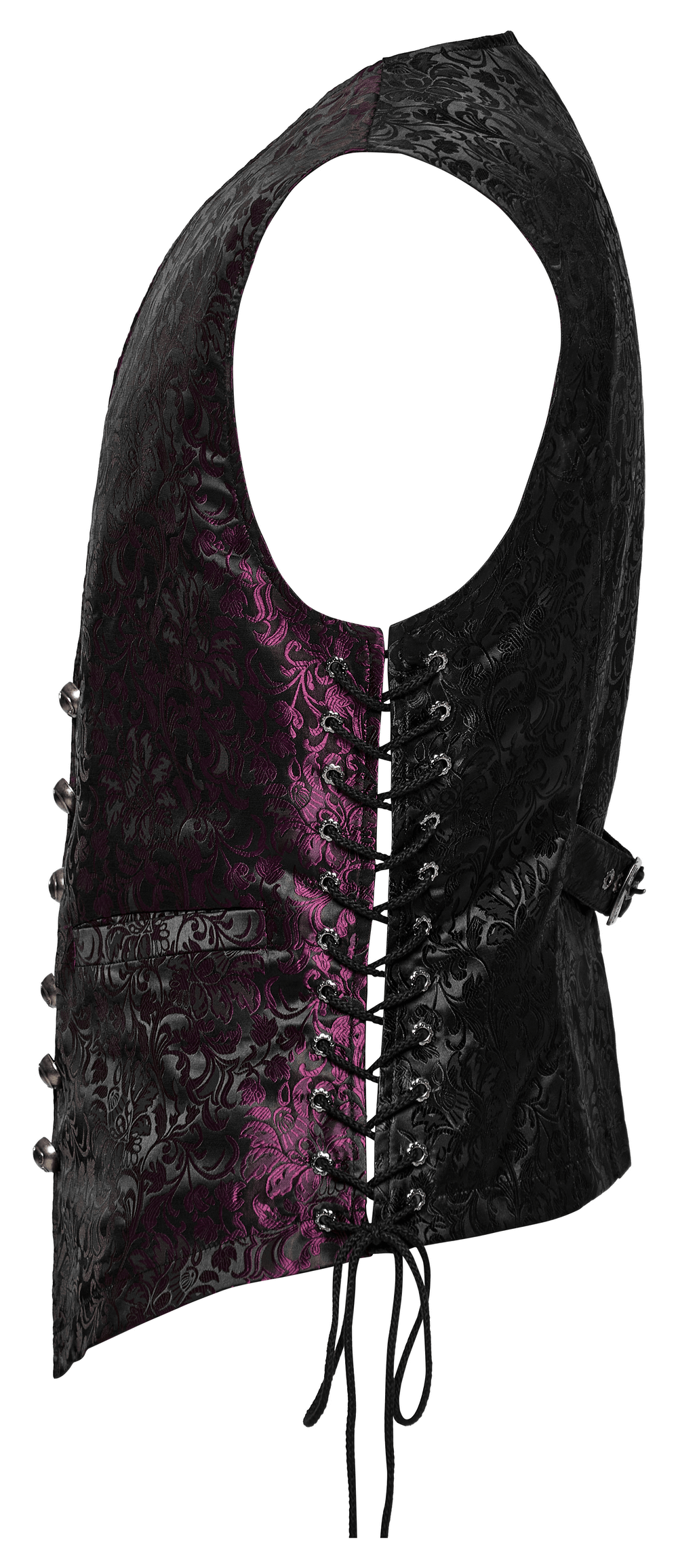 Gothic men's jacquard waistcoat featuring purple floral pattern and eyelet drawstring design for adjustable comfort.