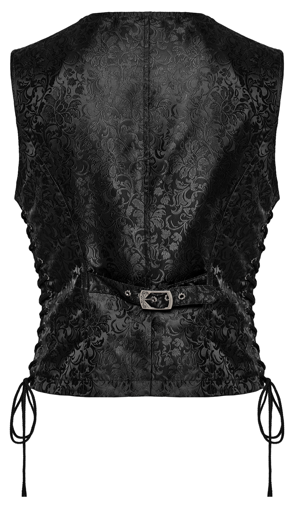 Back view of Gothic men's jacquard waistcoat with intricate floral pattern and adjustable drawstring design.