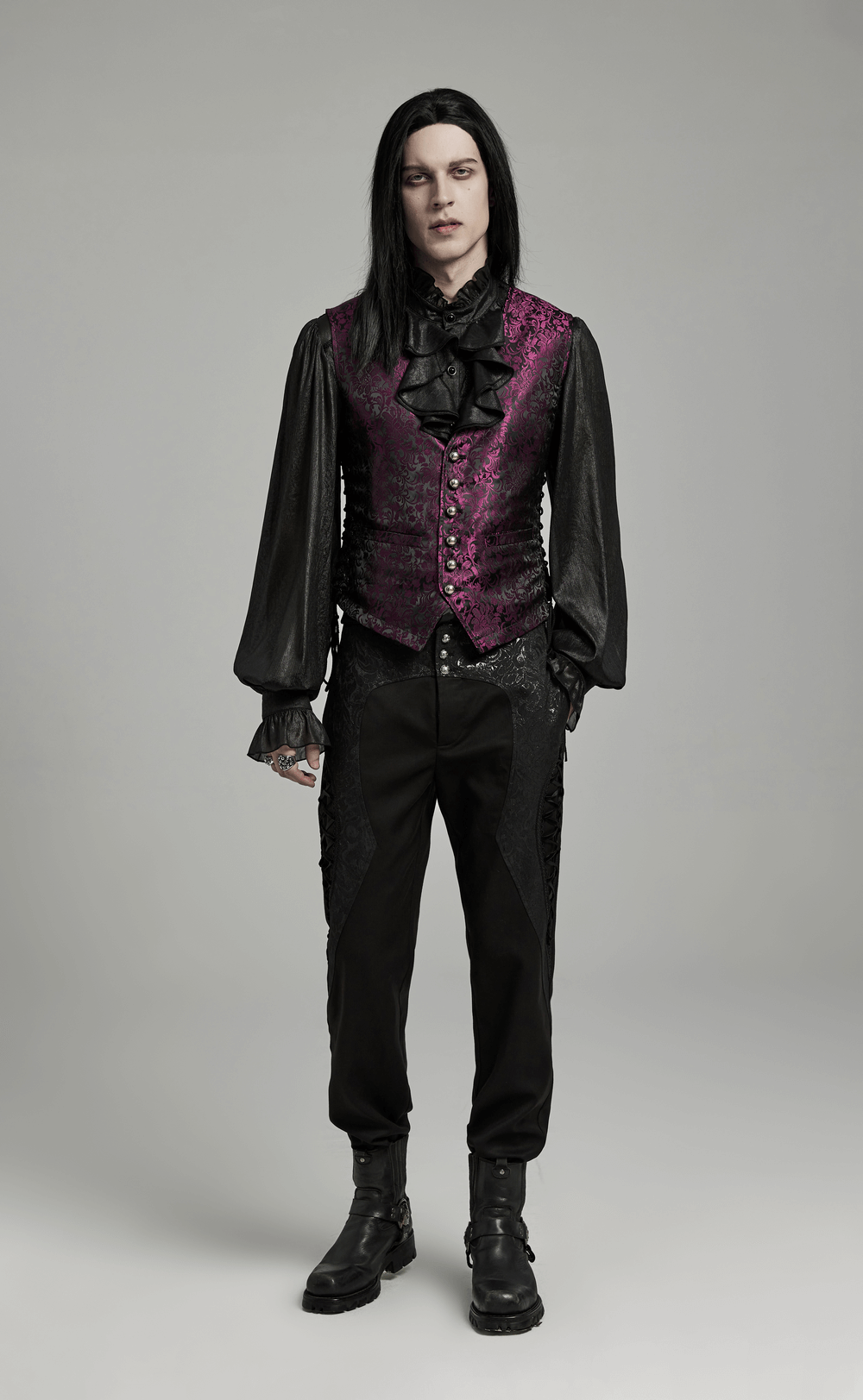 Gothic men's jacquard waistcoat in purple with floral pattern, styled for a Victorian elegance and sharp fit.