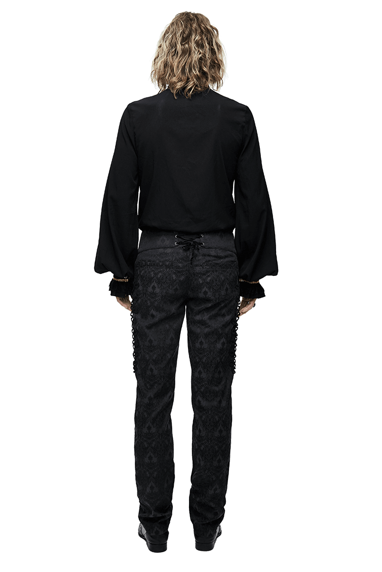 Gothic men's black shirt with chiffon tie and stylish long sleeve, paired with elegant patterned pants.