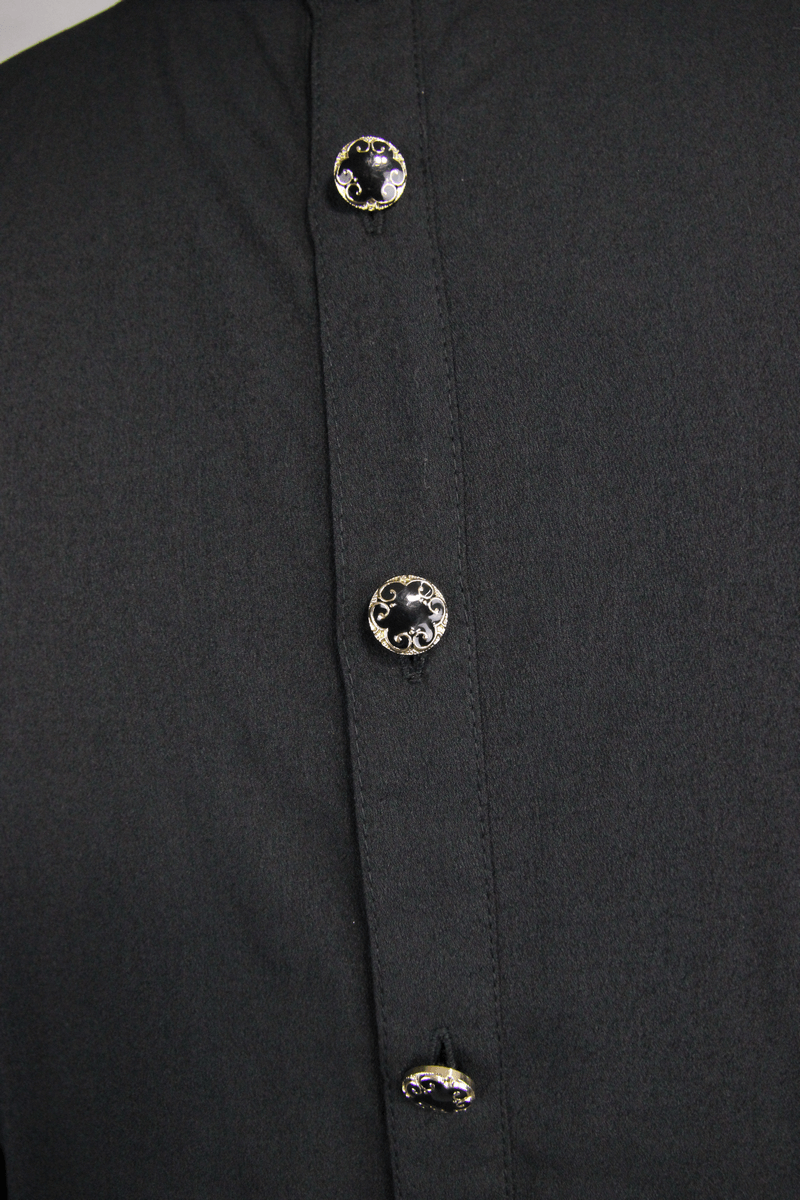 Back view of gothic men's black shirt featuring stylish silver decorative buttons.