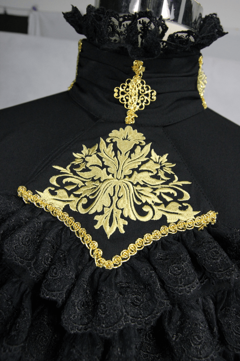 Elegant Gothic men's shirt featuring a stand-collar, gold patterns, and chiffon details.