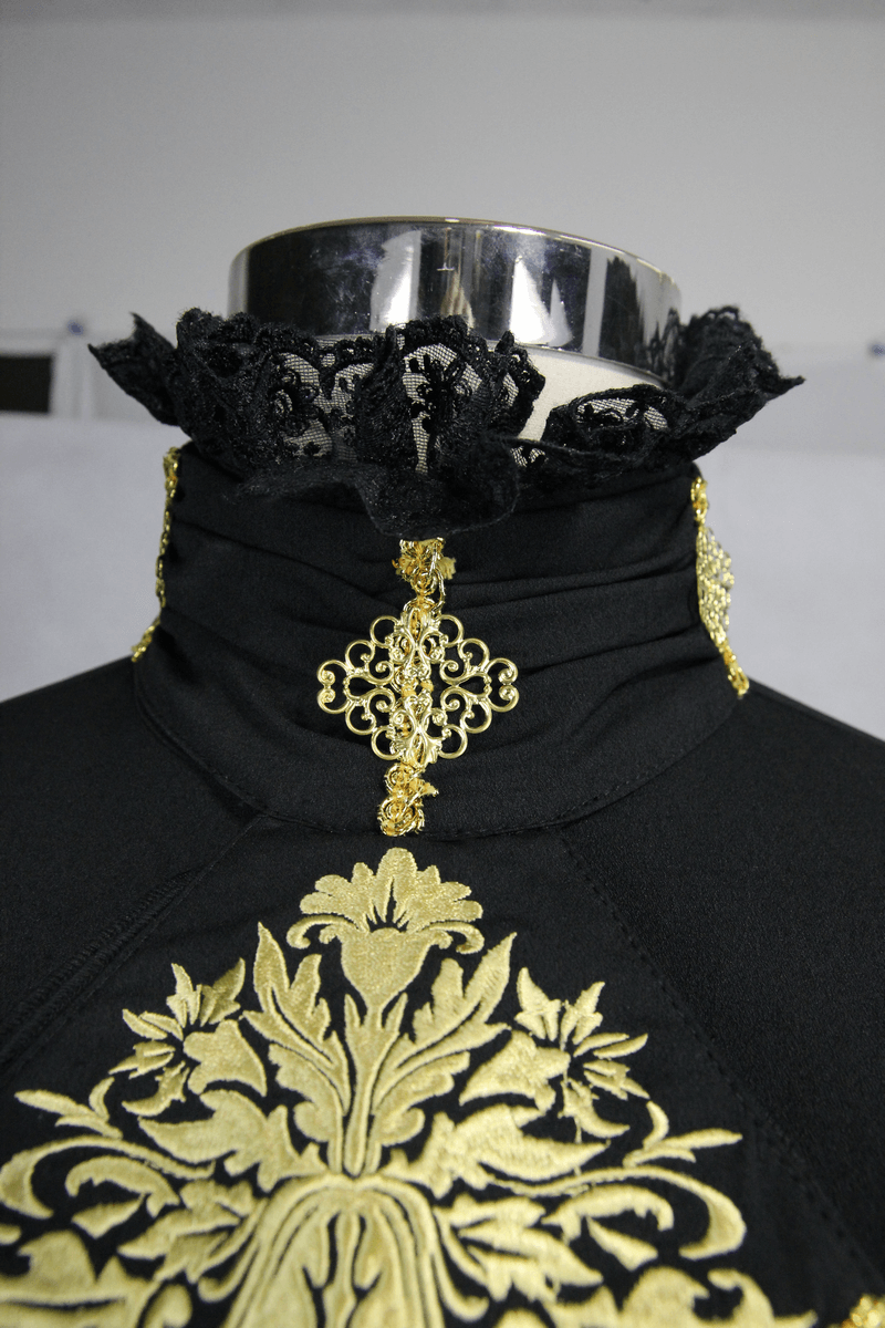 Elegant black gothic shirt with chiffon tie, gold embroidery, and detailed collar.