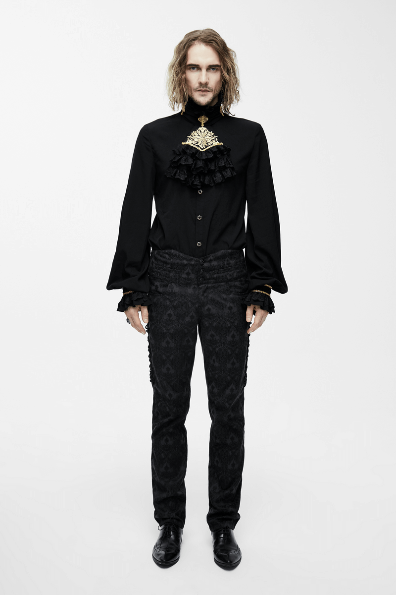 Gothic Men's Shirt with Chiffon Tie / Elegant Black Long Sleeve Shirt with Stand-Collar - HARD'N'HEAVY