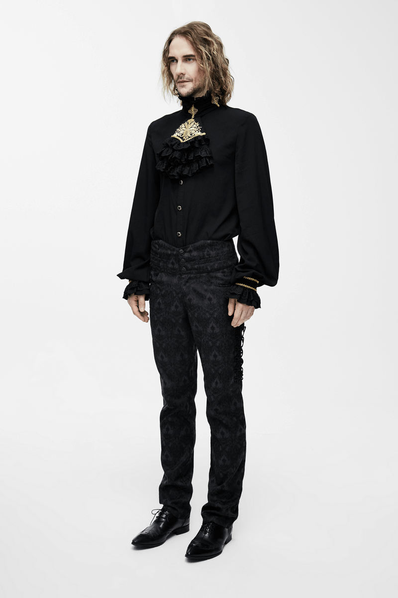 Gothic Men's Shirt with Chiffon Tie / Elegant Black Long Sleeve Shirt with Stand-Collar - HARD'N'HEAVY