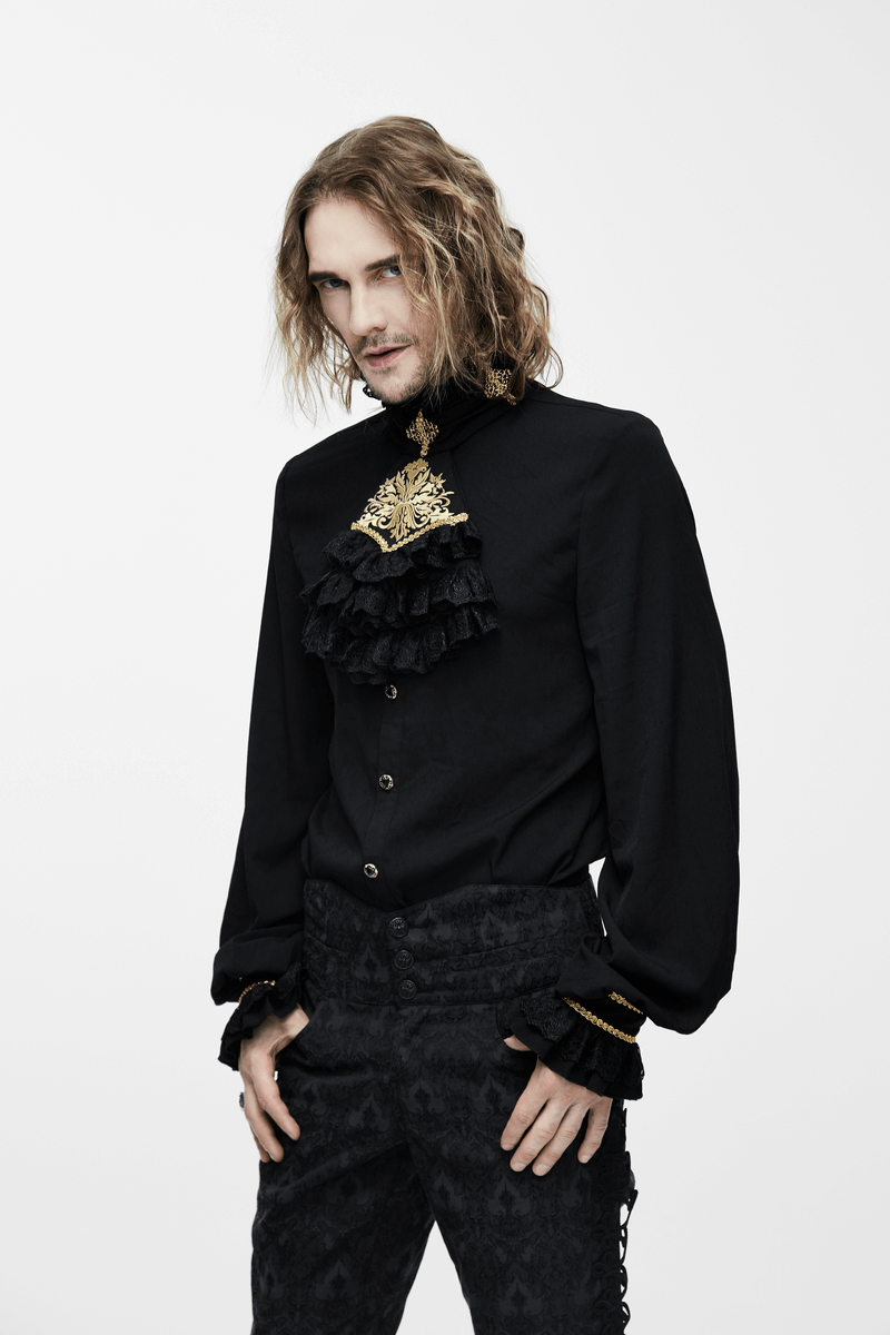 Gothic black men's shirt with chiffon tie, vintage style, ruffled collar, and gold decoration.