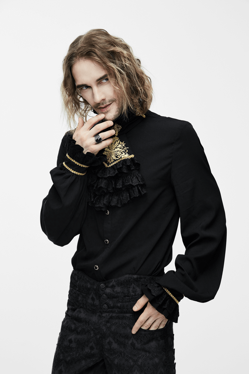 Gothic Men's Shirt with Chiffon Tie / Elegant Black Long Sleeve Shirt with Stand-Collar - HARD'N'HEAVY