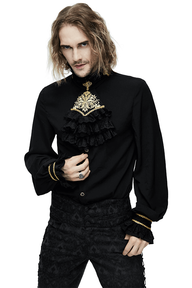 Gothic Men's Shirt with Chiffon Tie / Elegant Black Long Sleeve Shirt with Stand-Collar - HARD'N'HEAVY