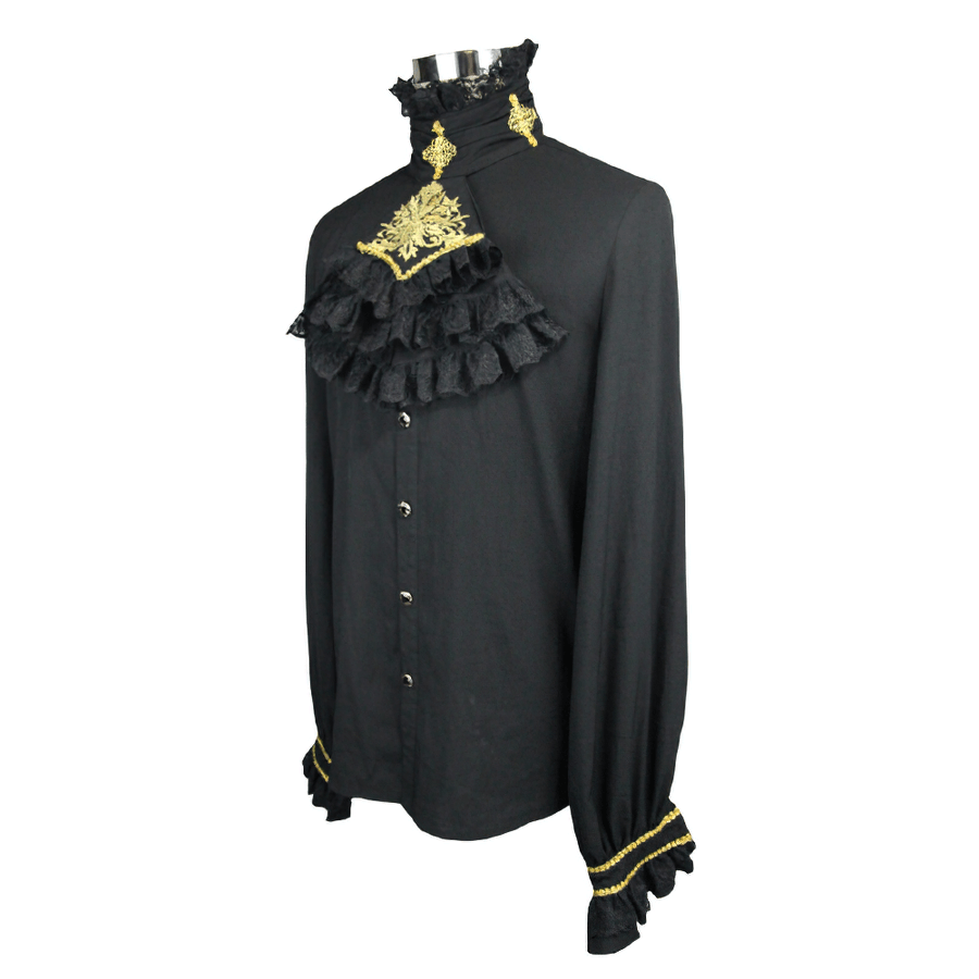 Elegant gothic men's black shirt with chiffon tie, ruffle accents, and gold patterns, perfect for a vintage look.