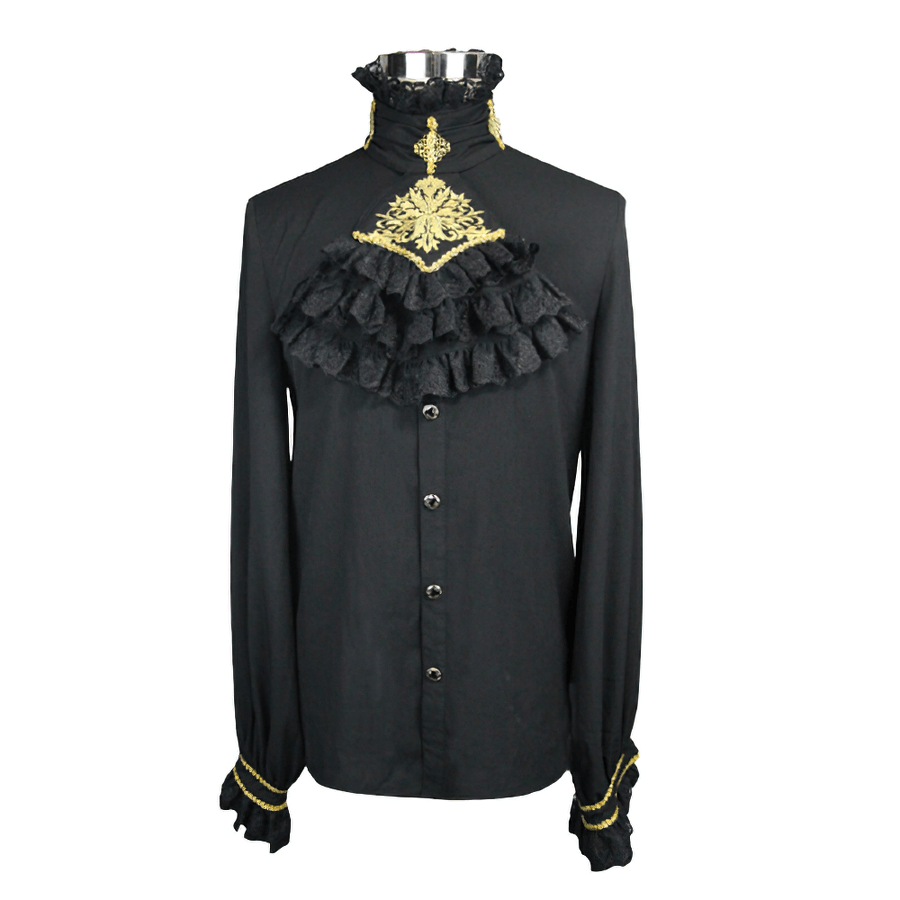 Gothic Men's Shirt with Chiffon Tie / Elegant Black Long Sleeve Shirt with Stand-Collar - HARD'N'HEAVY