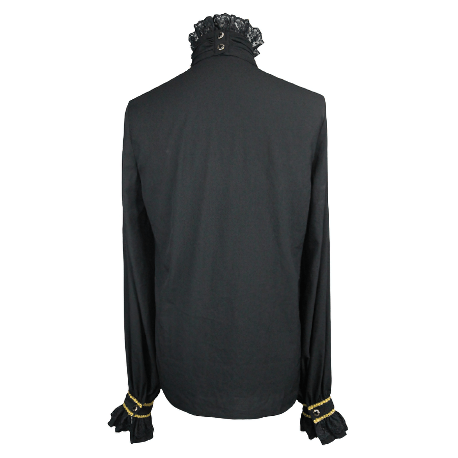 Back view of an elegant black gothic men's shirt with chiffon tie, featuring vintage cut and lace detailing.