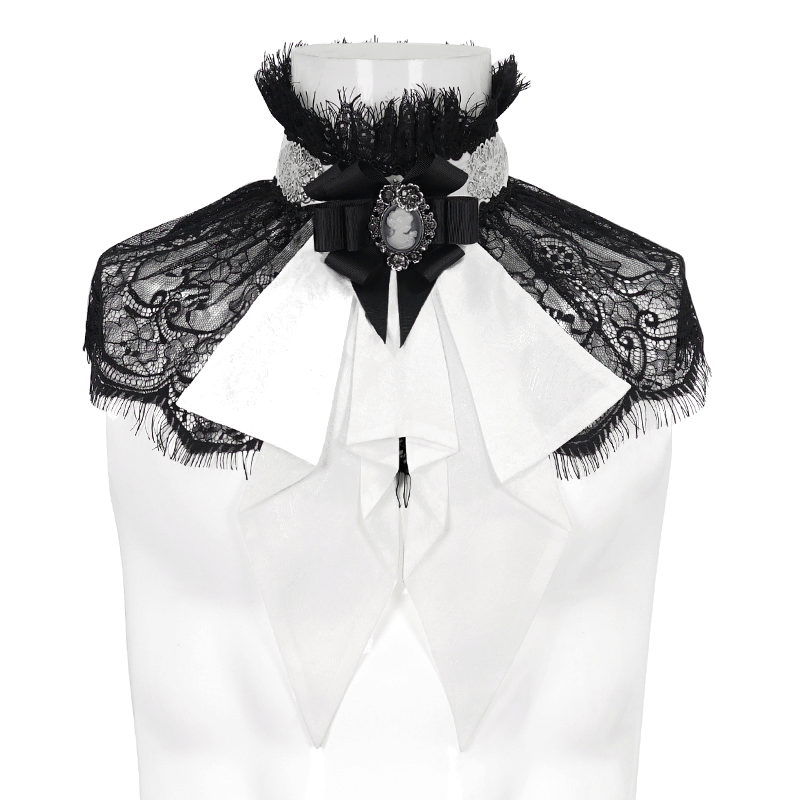Gothic Men's Stand Collar Lace Splice Necktie / Retro Male Ruffle Bow Tie with Maid Gem on Neck - HARD'N'HEAVY