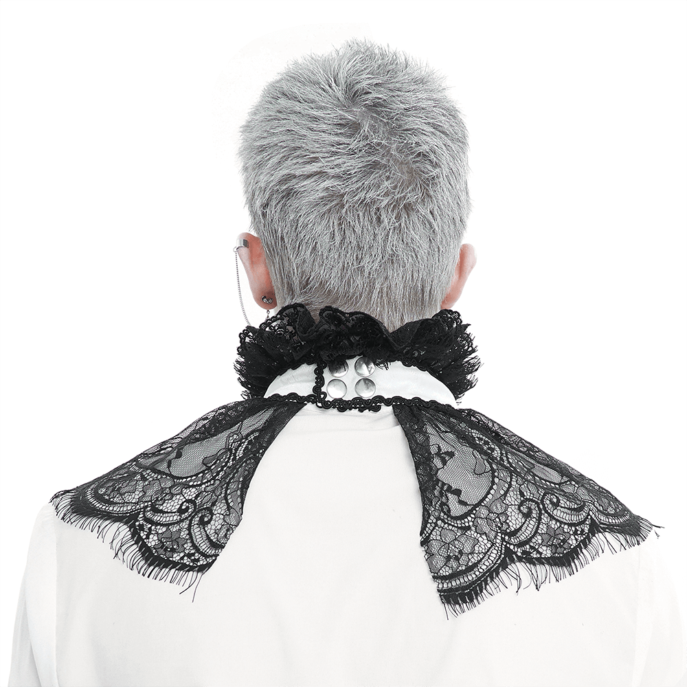 Gothic Men's Stand Collar Lace Splice Necktie / Retro Male Ruffle Bow Tie with Maid Gem on Neck - HARD'N'HEAVY