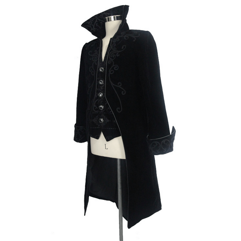 Gothic men's tailcoat in black velvet with stand collar and ornate buttons, perfect for steampunk style outfits.