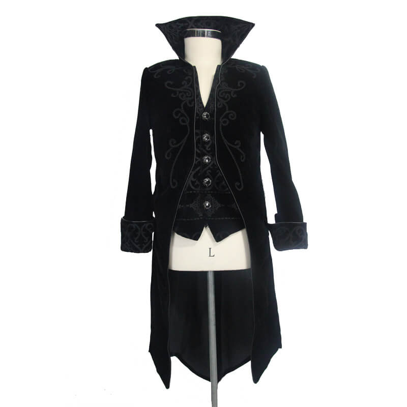 Gothic men's black velvet tailcoat with stand collar and stylish buttons, perfect for steampunk outfits.