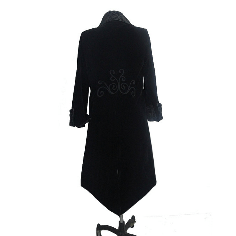 Gothic men's black velvet coat showcasing elegant back design and stand collar, perfect for steampunk fashion.