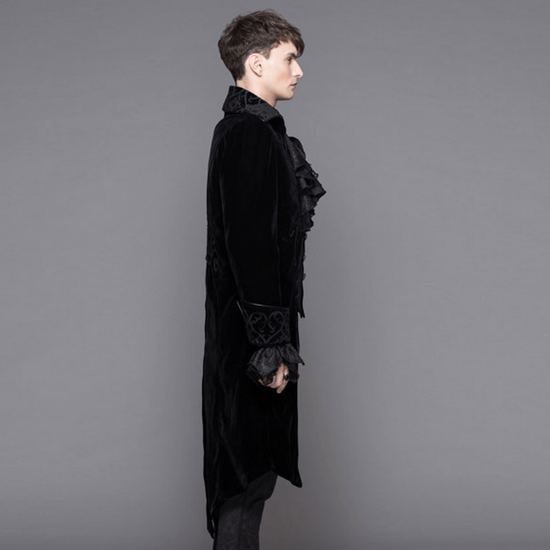 Gothic men's tailcoat in luxurious black velvet, showcasing stylish ruffles and intricate details.
