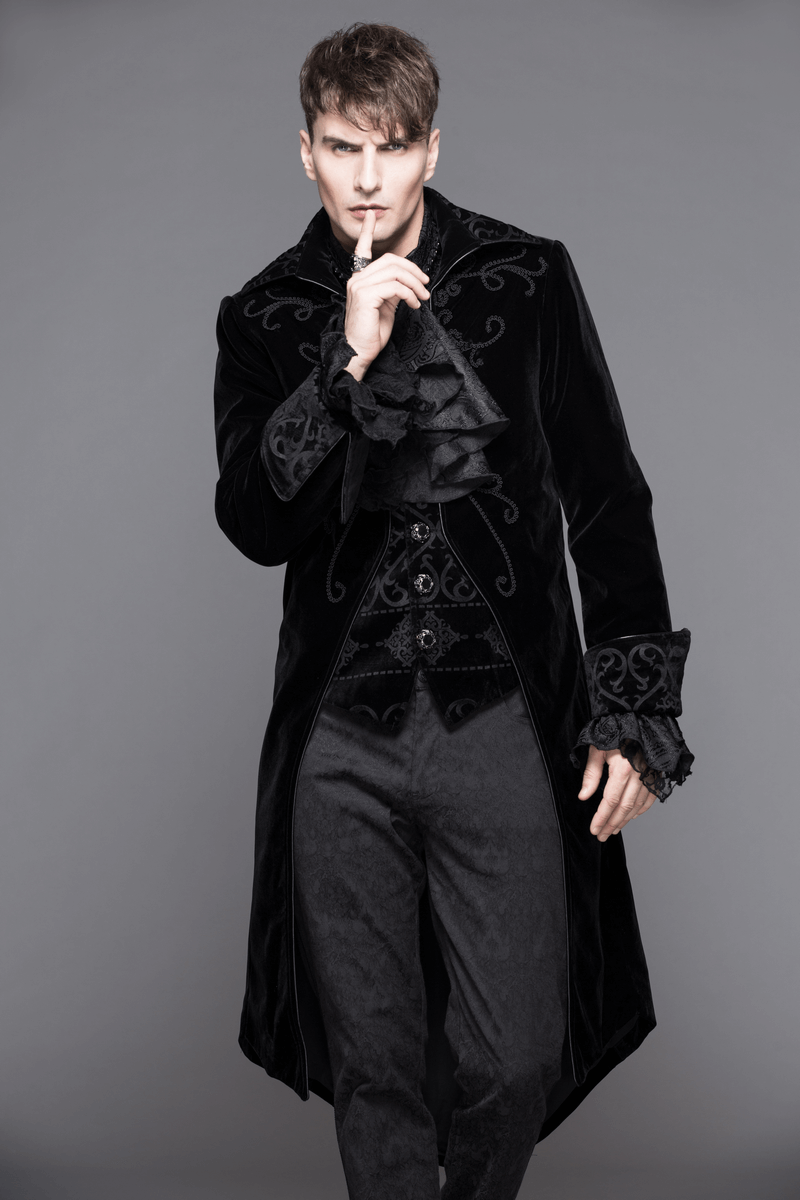 Stylish man in a gothic black velvet tailcoat with ruffles, ideal for steampunk fashion.