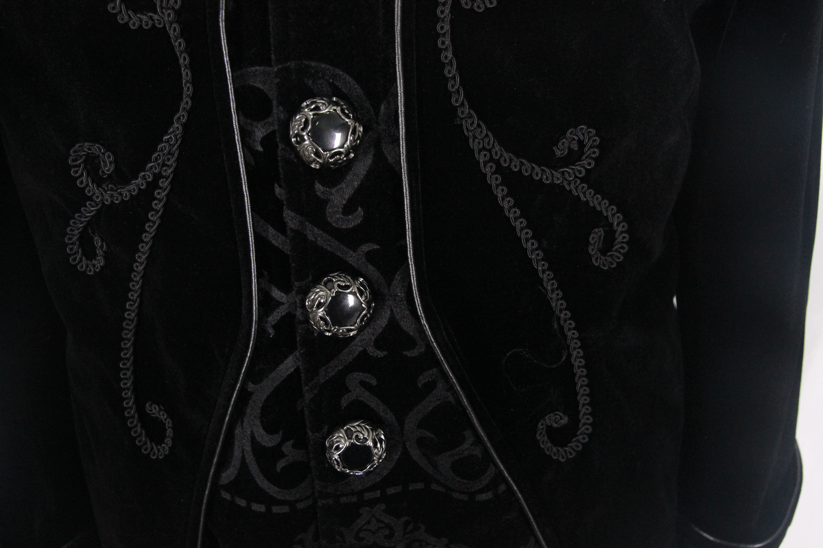 Gothic men's black velvet coat featuring stylish buttons and intricate embroidery, perfect for steampunk outfits.