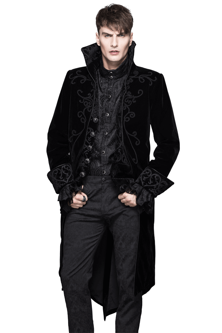 Gothic Men's Tailcoat From Black Velvet / Steampunk Male Coats with Stand Collar - HARD'N'HEAVY