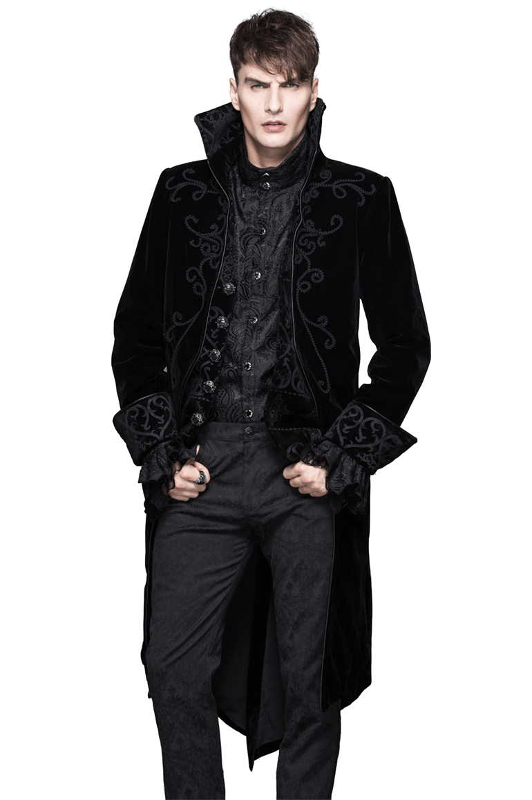 Stylish Gothic men's black velvet tailcoat with ornate detailing for a steampunk look.