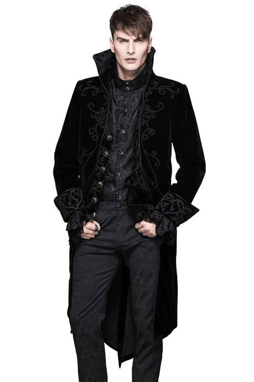 Frac gótico para hombre de terciopelo negro/abrigos masculinos Steampunk con cuello levantado