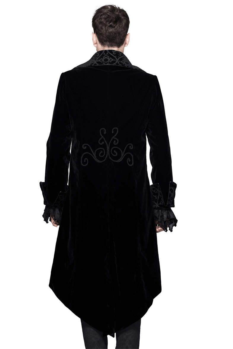 Stylish rear view of a man's black velvet gothic tailcoat with intricate collar details and elegant design.