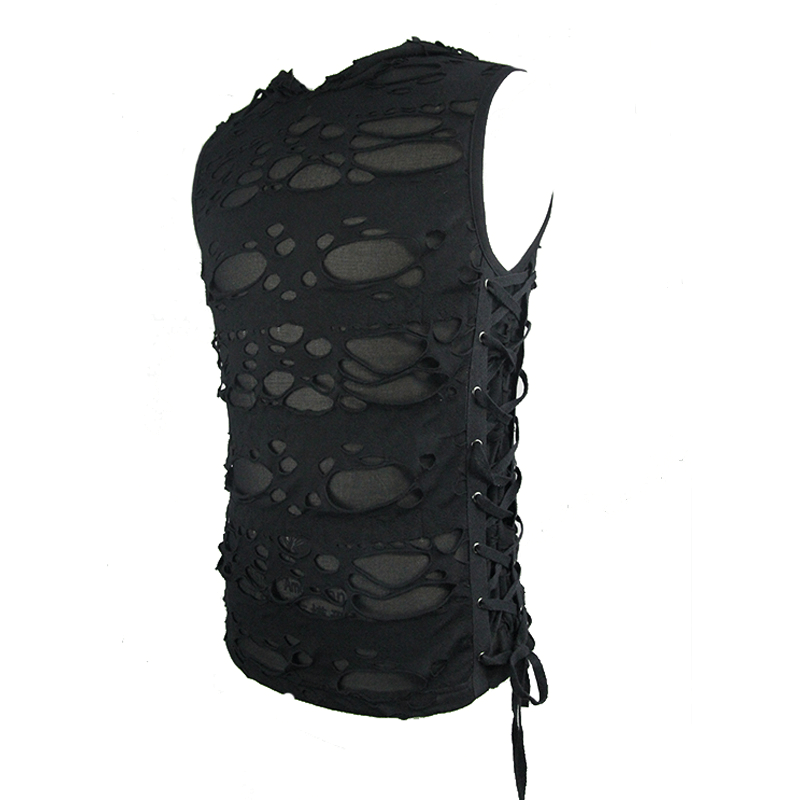 Men's gothic black torn tank top with hood, stylish alternative fashion, and trendy lace-up sides.