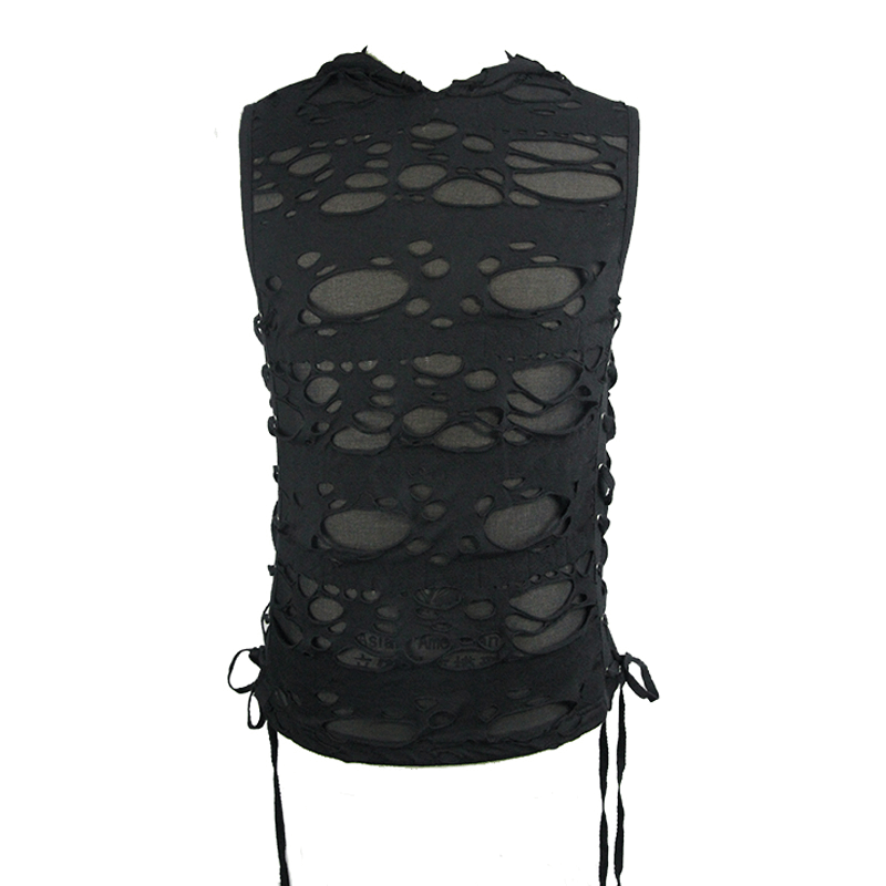 Men's black torn tank top with hood, featuring stylish rips and drawstrings for a gothic alternative look.
