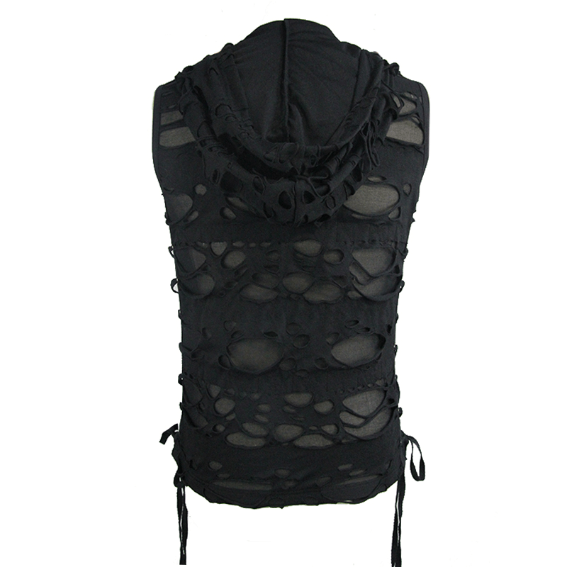 Men's black gothic torn tank top with hood, featuring stylish rips and trendy drawstrings for alternative fashion.