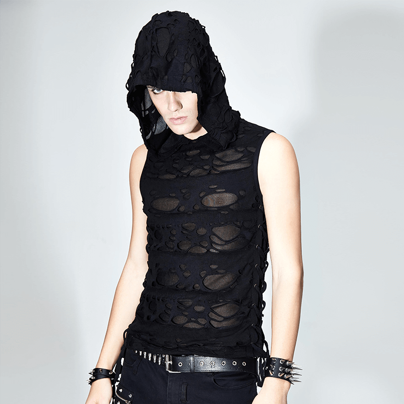 Gothic men's black torn tank top with hood featuring stylish cut-outs, perfect for alternative fashion enthusiasts.