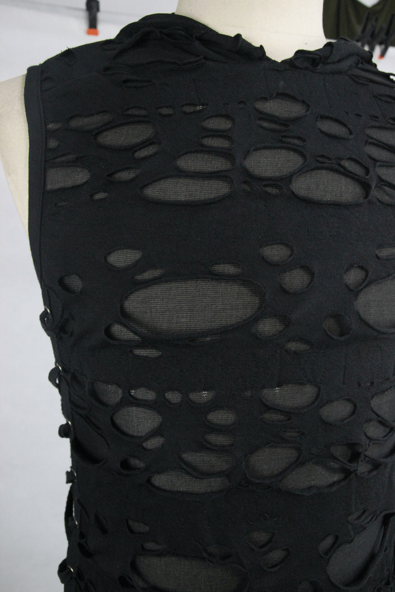 Gothic men's black torn tank top with hood showcasing stylish ripped design for alternative fashion.