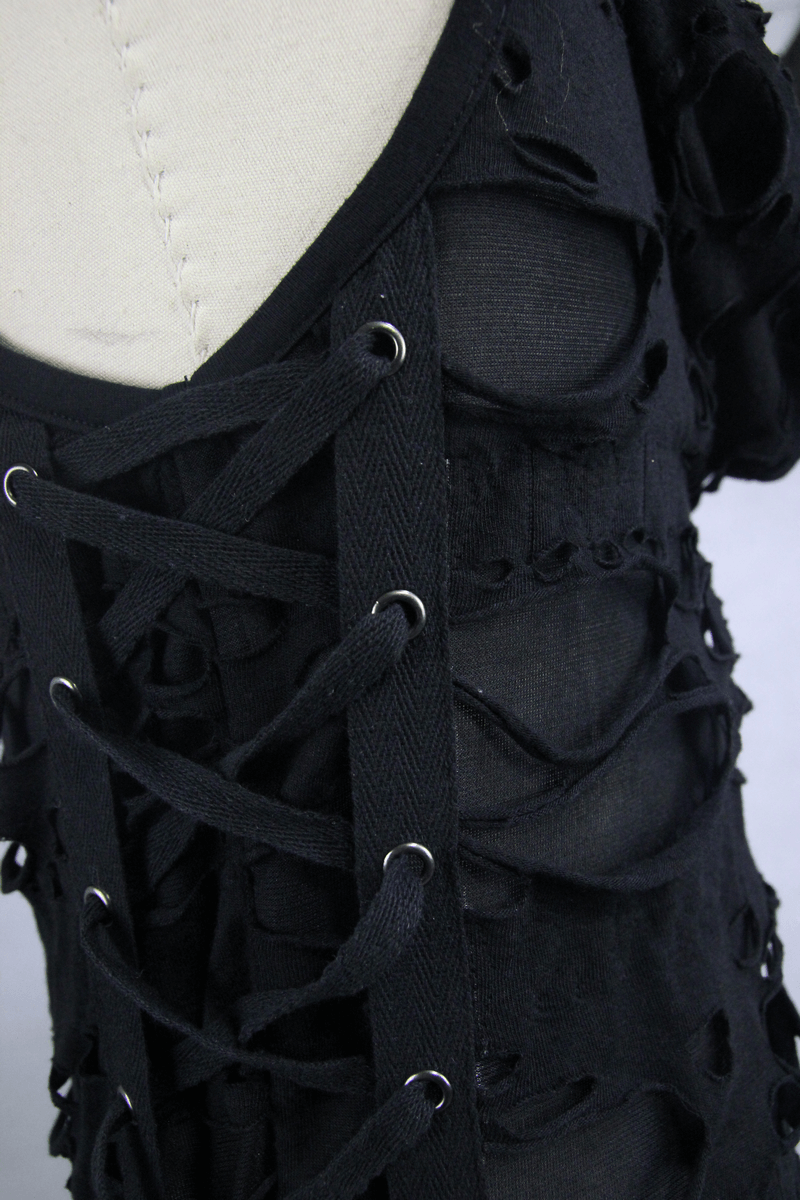 Close-up of a gothic men's torn tank top featuring stylish rips, a hood, and drawstrings in black fabric.