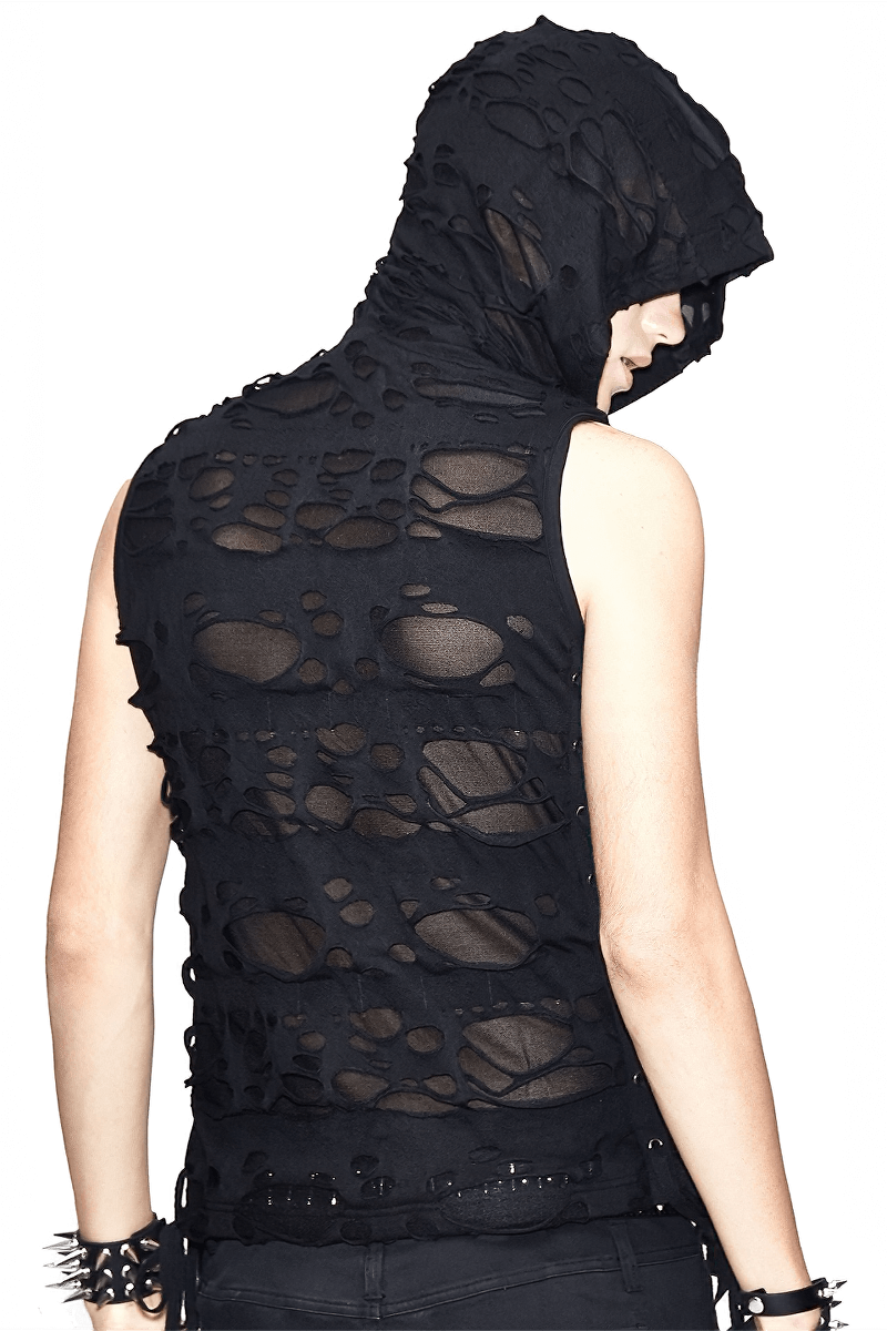 Men's gothic torn tank top with hood, showcasing stylish ripped design and edgy look.