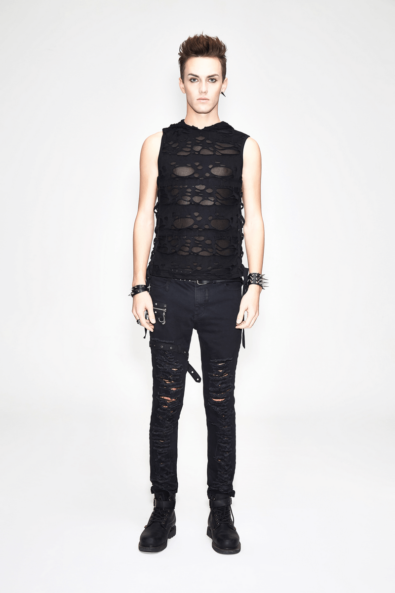 Gothic men's black torn tank top with hood, showcasing edgy alternative style and trendy ripped design.
