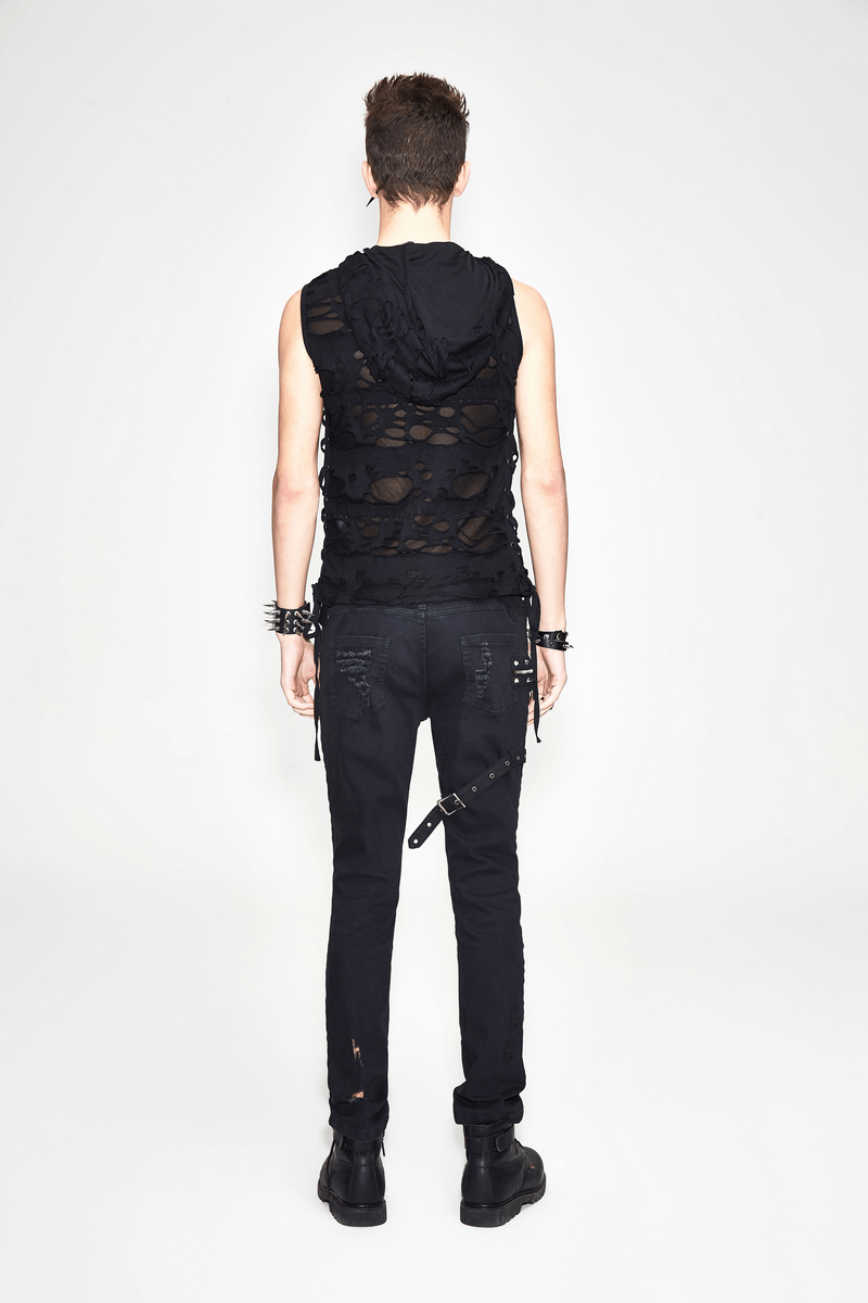 Men's gothic black torn tank top with hood, showcasing a stylish alternative fashion look from the back.