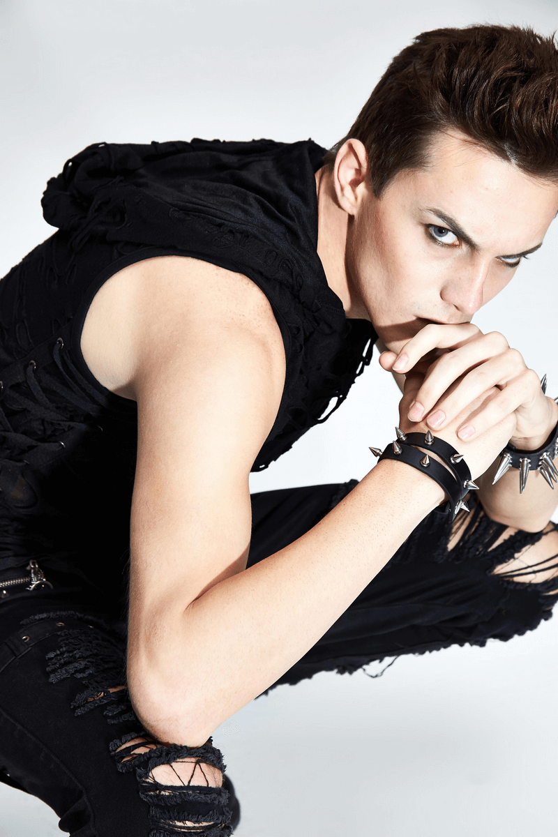 Gothic men's torn tank top with hood, stylish black outfit highlighting edgy fashion and alternative style.