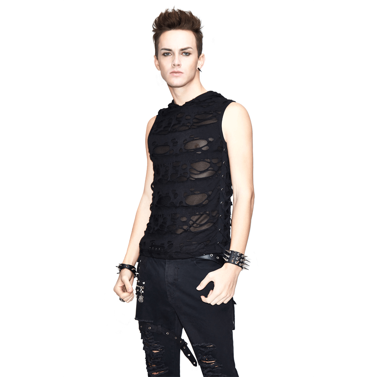 Gothic Men's Torn Tank Top With Hood / Male Black Out Fitted Tank Tops / Alternative Style Clothing - HARD'N'HEAVY