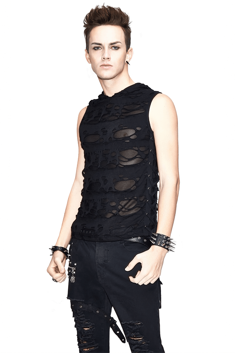 Gothic men's torn tank top with hood, stylish black alternative fashion for edgy looks.