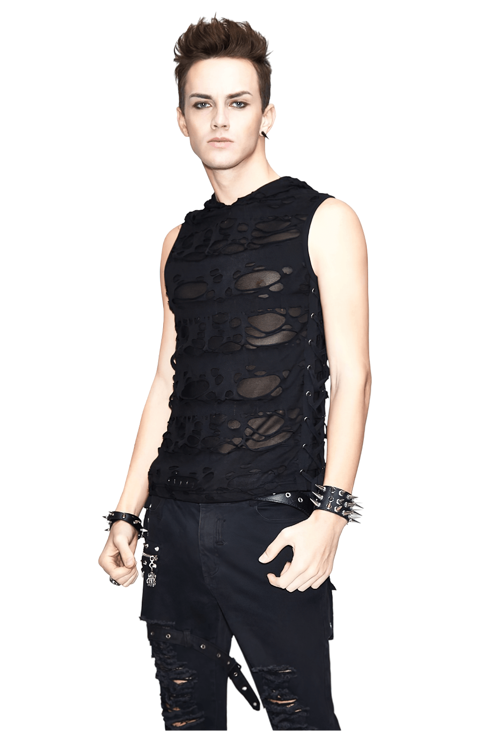 Gothic Men's Torn Tank Top With Hood / Male Black Out Fitted Tank Tops / Alternative Style Clothing