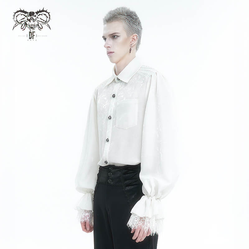 Men's Gothic vintage shirt with puff sleeves and lace details, showcasing a dramatic turn-down collar.