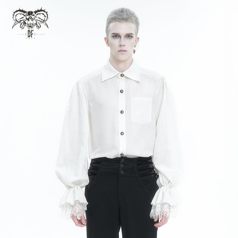 Gothic Men's Turn-Down Collar Shirt with Puff Sleeves / Vintage Male Floral Embossing Shirts - HARD'N'HEAVY