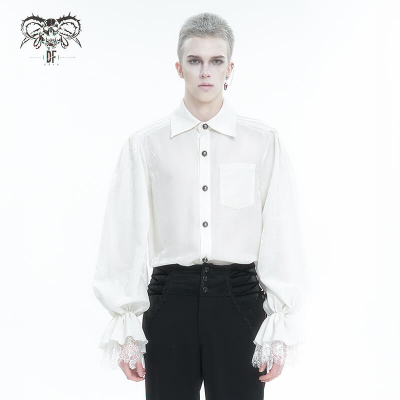 Gothic men's vintage-inspired shirt with puff sleeves and floral embossing, featuring a dramatic collar.