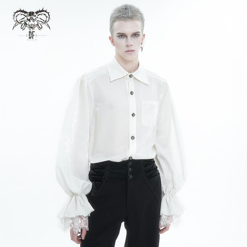 Gothic men's turn-down collar shirt with puff sleeves and lace detailing, embodying vintage elegance.