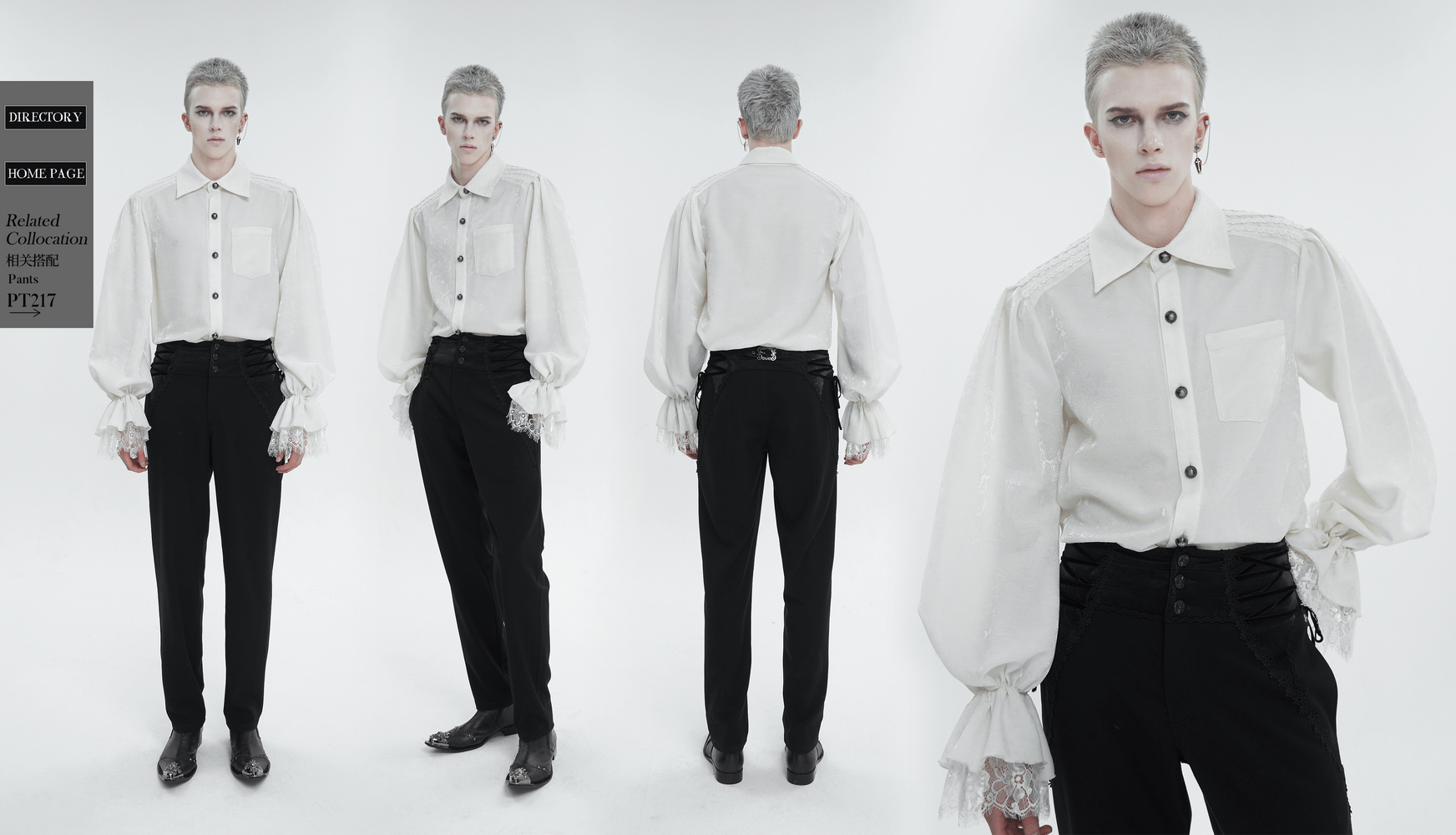 Gothic men's vintage shirt with puff sleeves and dramatic collar, embodying bold gothic elegance and style.