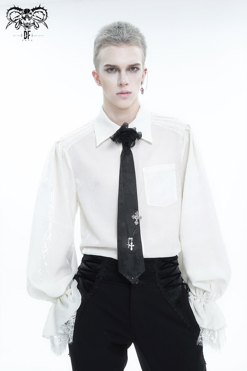 Gothic men's vintage shirt with puff sleeves and turn-down collar, featuring floral embossing and a stylish tie.